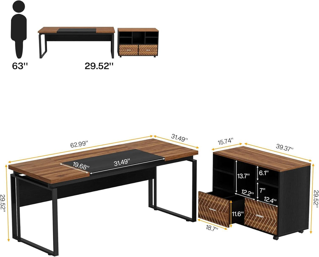 L-Shaped Desk 63-Inch Walnut With Reversible File Cabinet