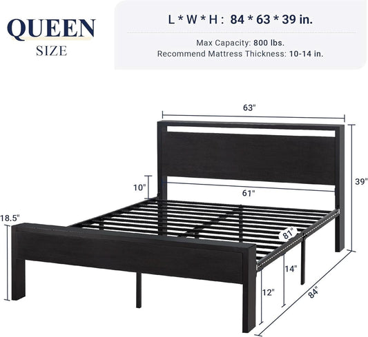 Queen Platform Bed Frame With Wooden Headboard And Footboard Black Oak