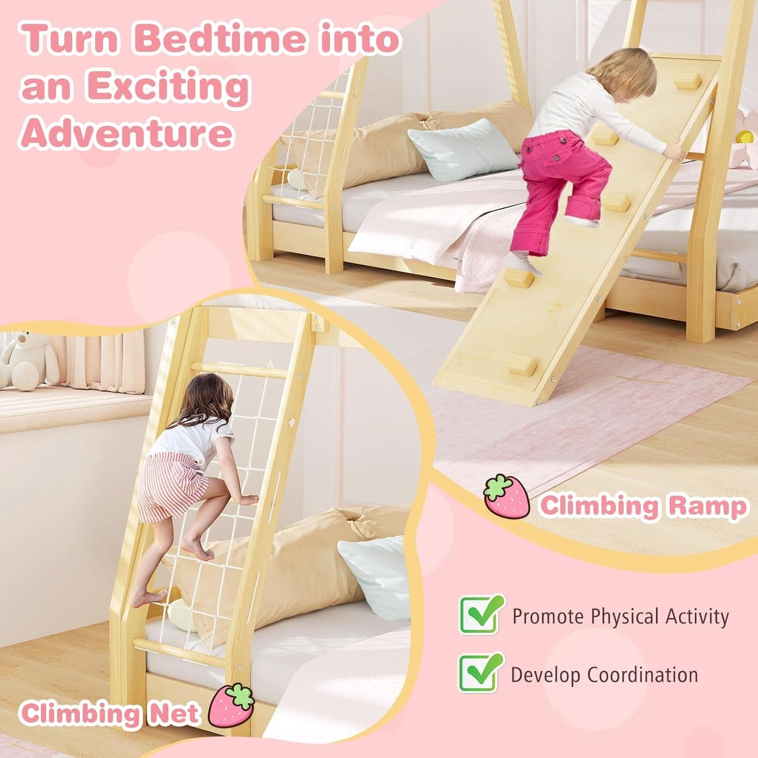 Twin Over Queen Bunk Bed With Climbing Nets Ramp Natural