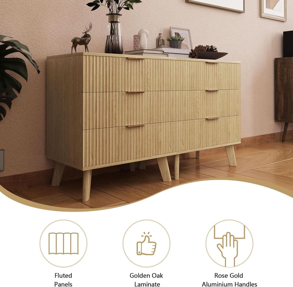 Fluted 3 Drawer Dresser Natural Wood Storage Chest