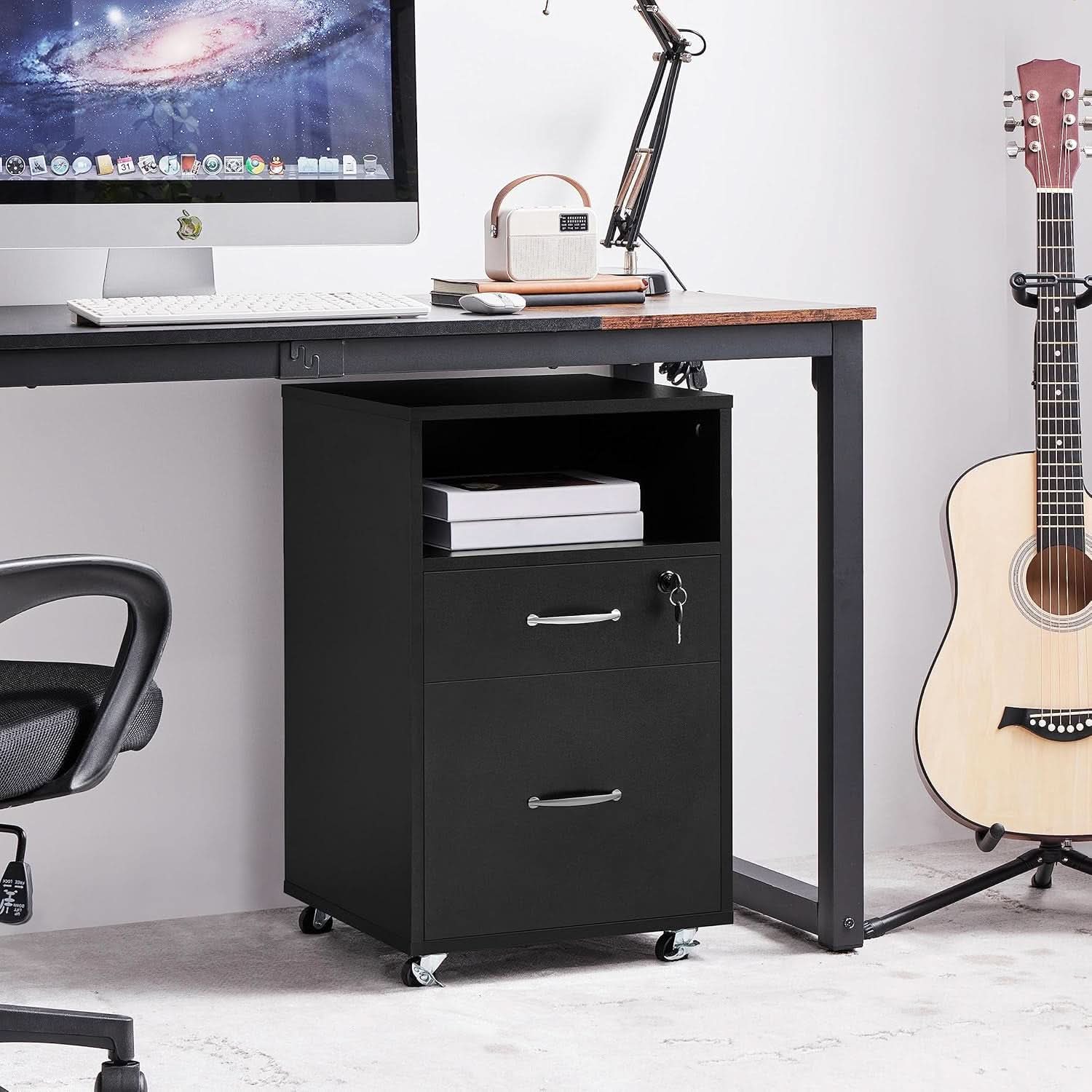 Black Under Desk File Cabinet 2 Drawers Lockable Wheels
