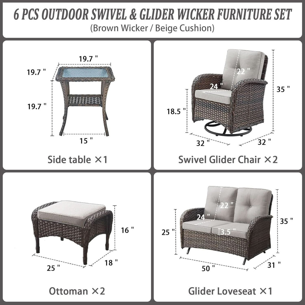 Six Piece Wicker Patio Set Brown With Swivel Chairs