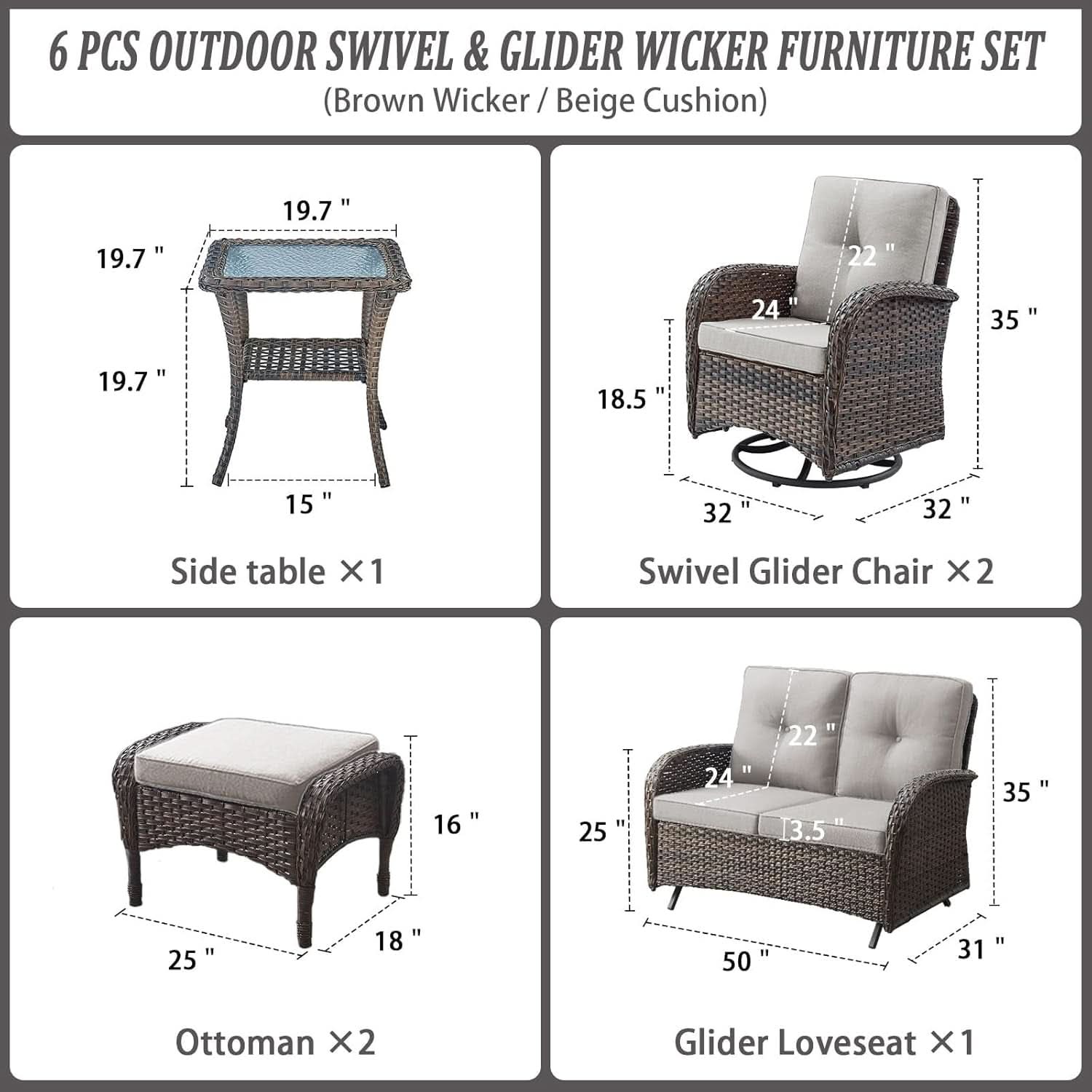 Six Piece Wicker Patio Set Brown With Swivel Chairs