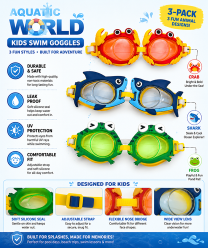 3-Pack Kids Novelty Character Adjustable Swim Goggles, Ages 5+