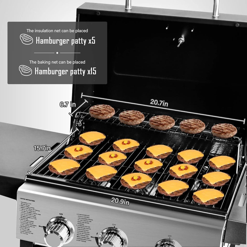 3-Burner Propane Gas Grill With Foldable Side Shelves 30,000 BTU Stainless Steel Outdoor Grill