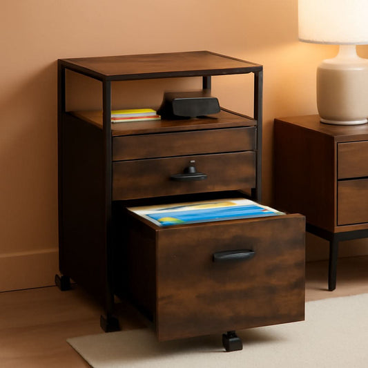 Rolling Mobile File Cabinet Drawers Open Shelf Rustic Brown