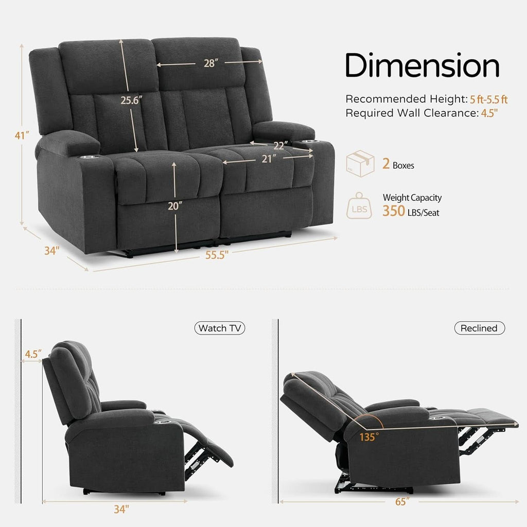 Dark Gray Two Seat Recliner Loveseat With Cup Holders