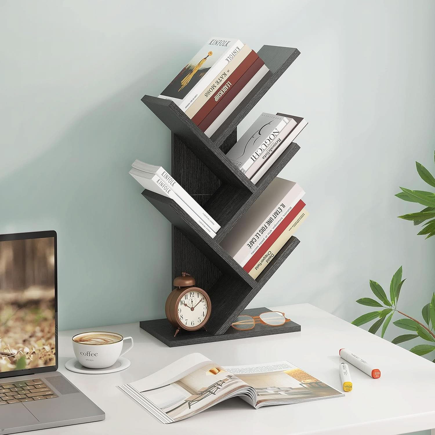 4 Tier Tree Bookshelf Floor Standing Bookcase Home