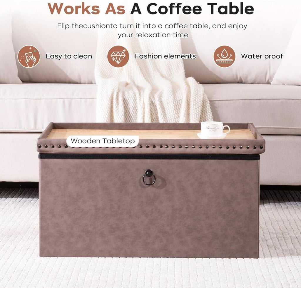 Oak Brown 30-Inch Foldable Storage Ottoman Bench