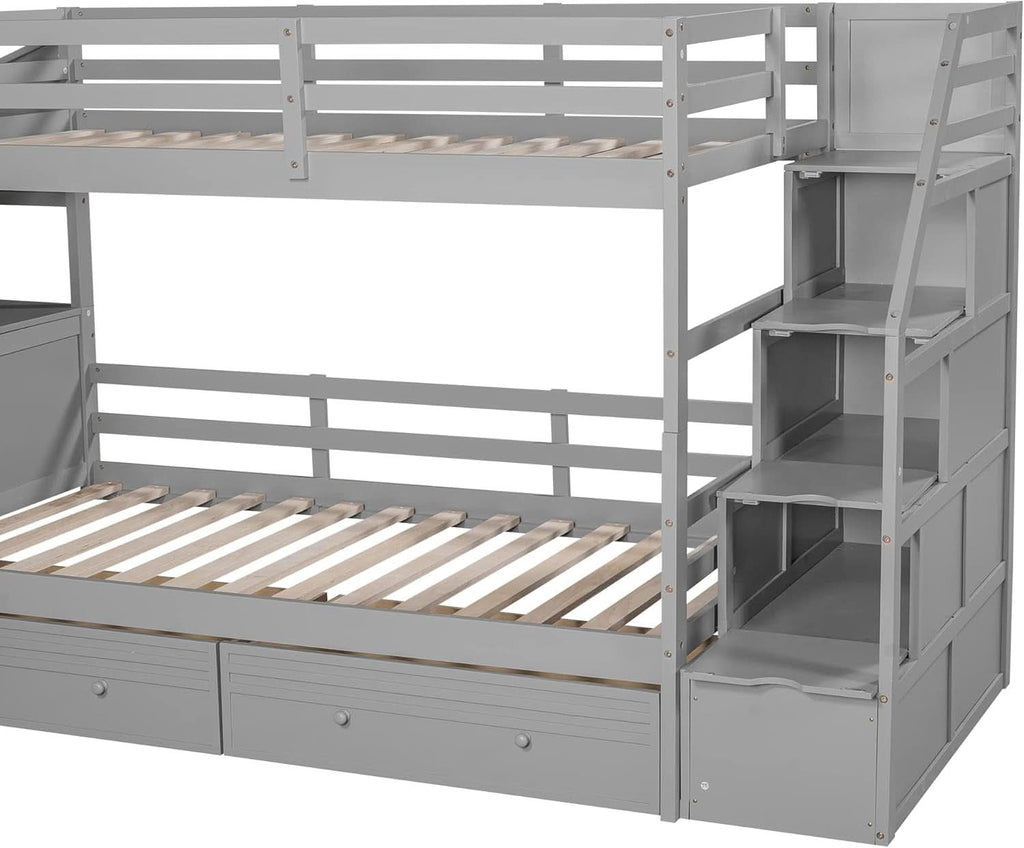 Twin Over Twin Bunk Bed Gray With Stairs For Kids Teens