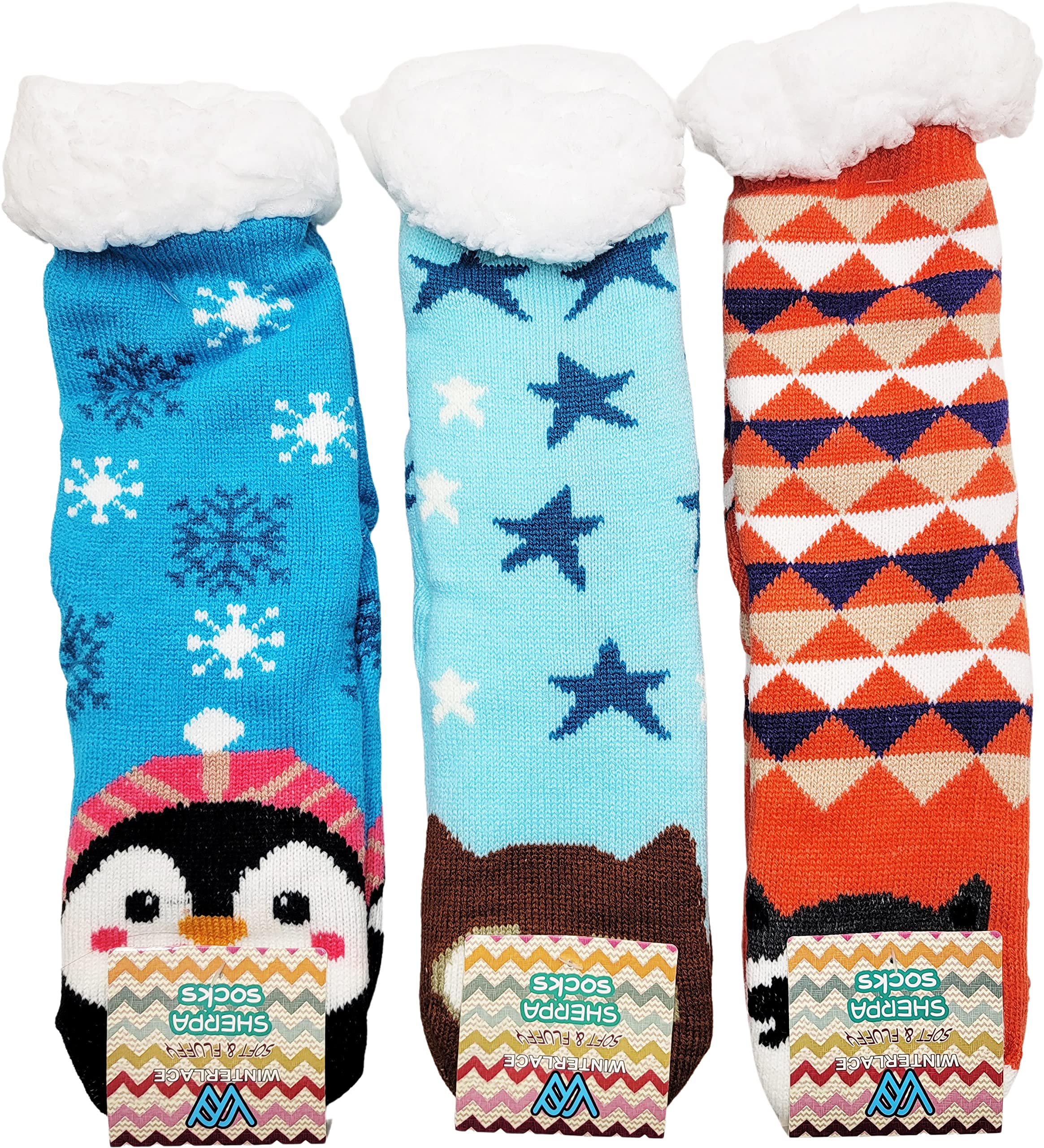 Winterlace Fuzzy Fluffy Slipper Socks, 3 Pairs Womens Sherpa Non Slip Plush Comfy Cozy Cabin Sock