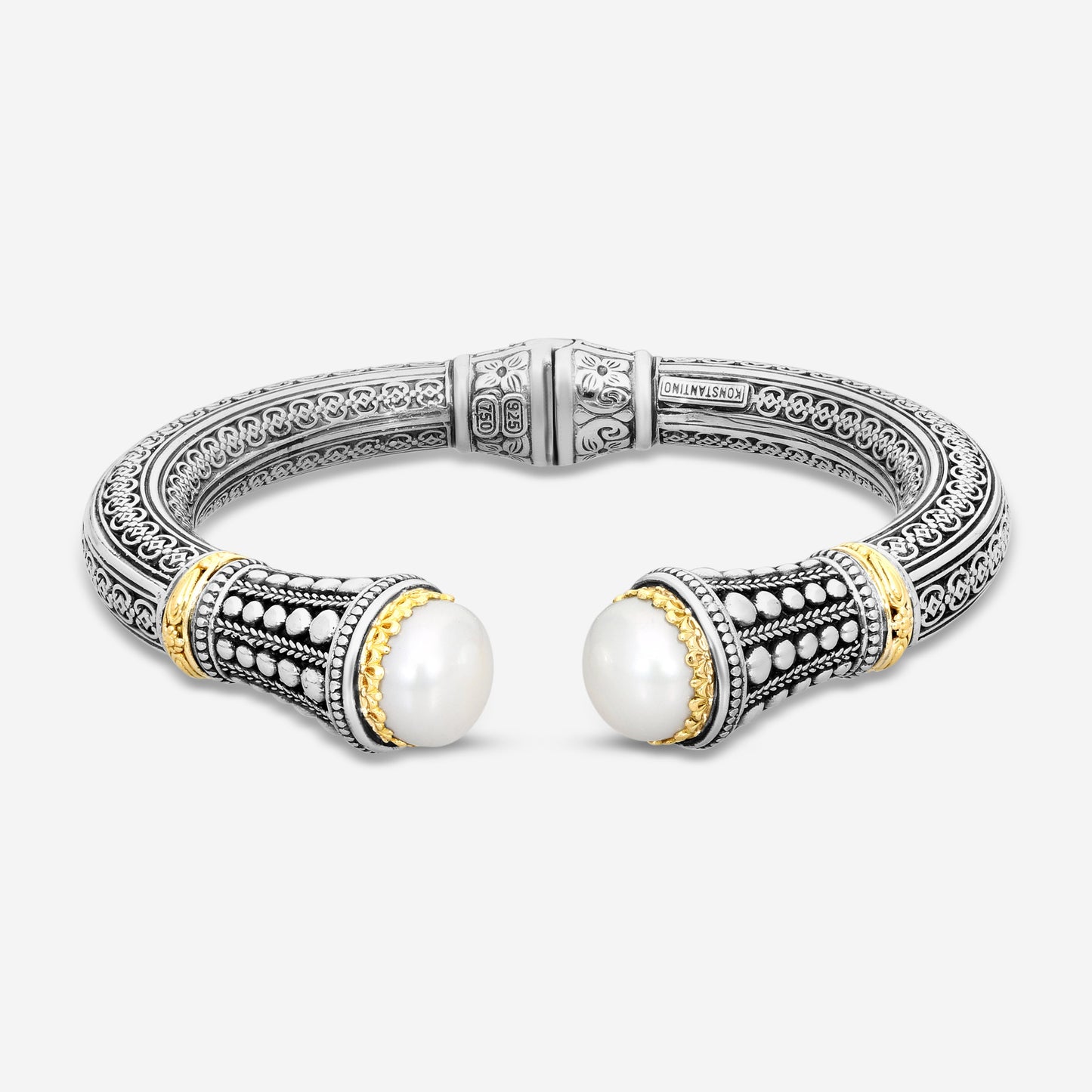 "KONSTANTINO – “Pearl Clas” Sterling Silver & 18K Yellow Gold, Cultured Pearl Bracelet (PRL: 10.5 mm x 2 pearls) – BMK4202-122  Bracelet Length: 7.0 in."