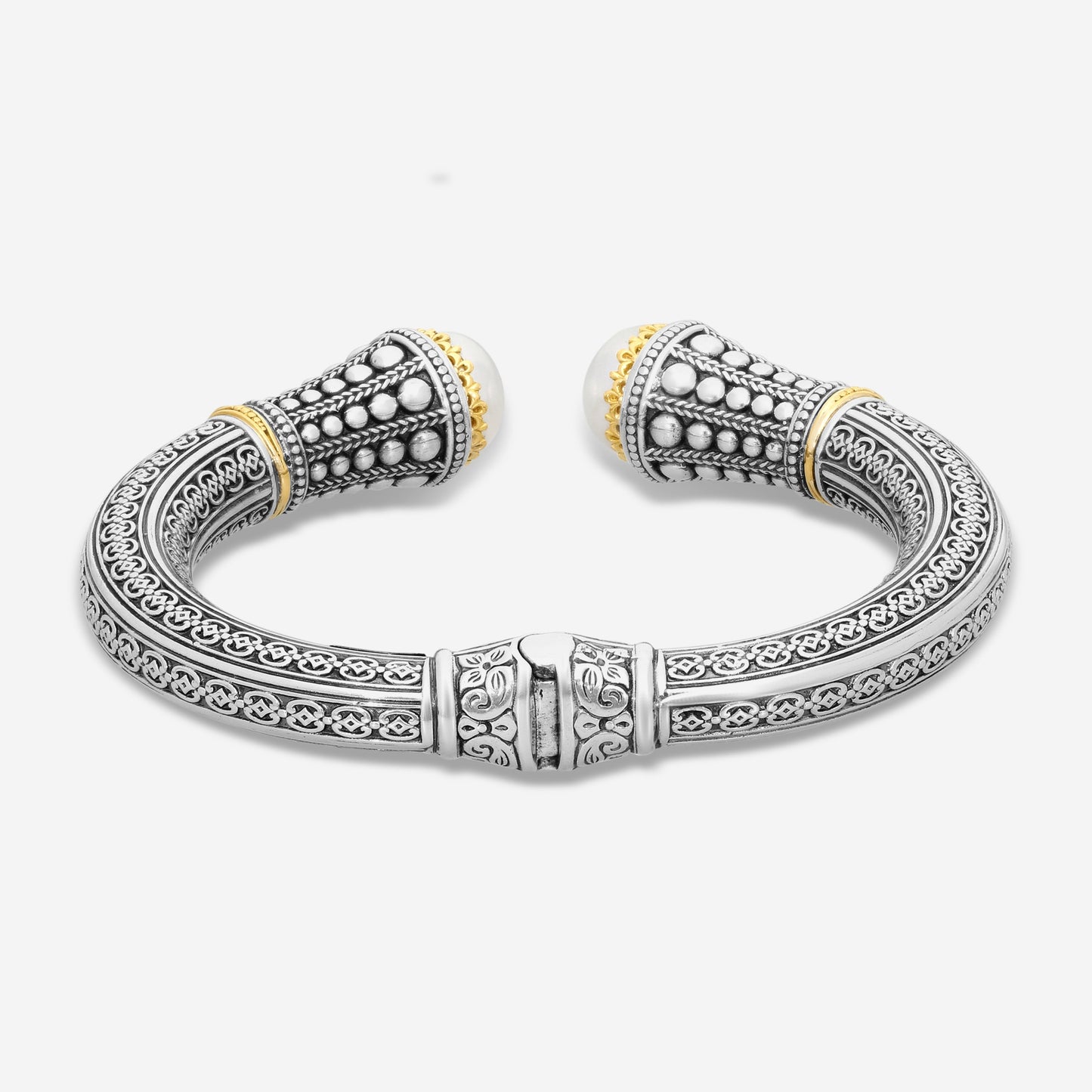 "KONSTANTINO – “Pearl Clas” Sterling Silver & 18K Yellow Gold, Cultured Pearl Bracelet (PRL: 10.5 mm x 2 pearls) – BMK4202-122  Bracelet Length: 7.0 in."