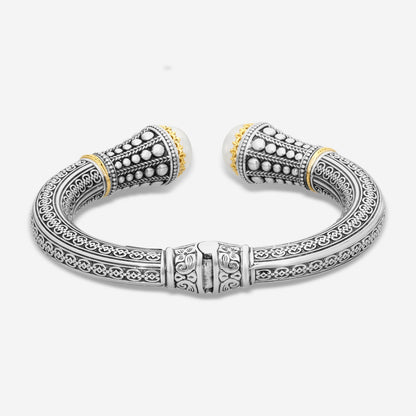 "KONSTANTINO – “Pearl Clas” Sterling Silver & 18K Yellow Gold, Cultured Pearl Bracelet (PRL: 10.5 mm x 2 pearls) – BMK4202-122  Bracelet Length: 7.0 in."
