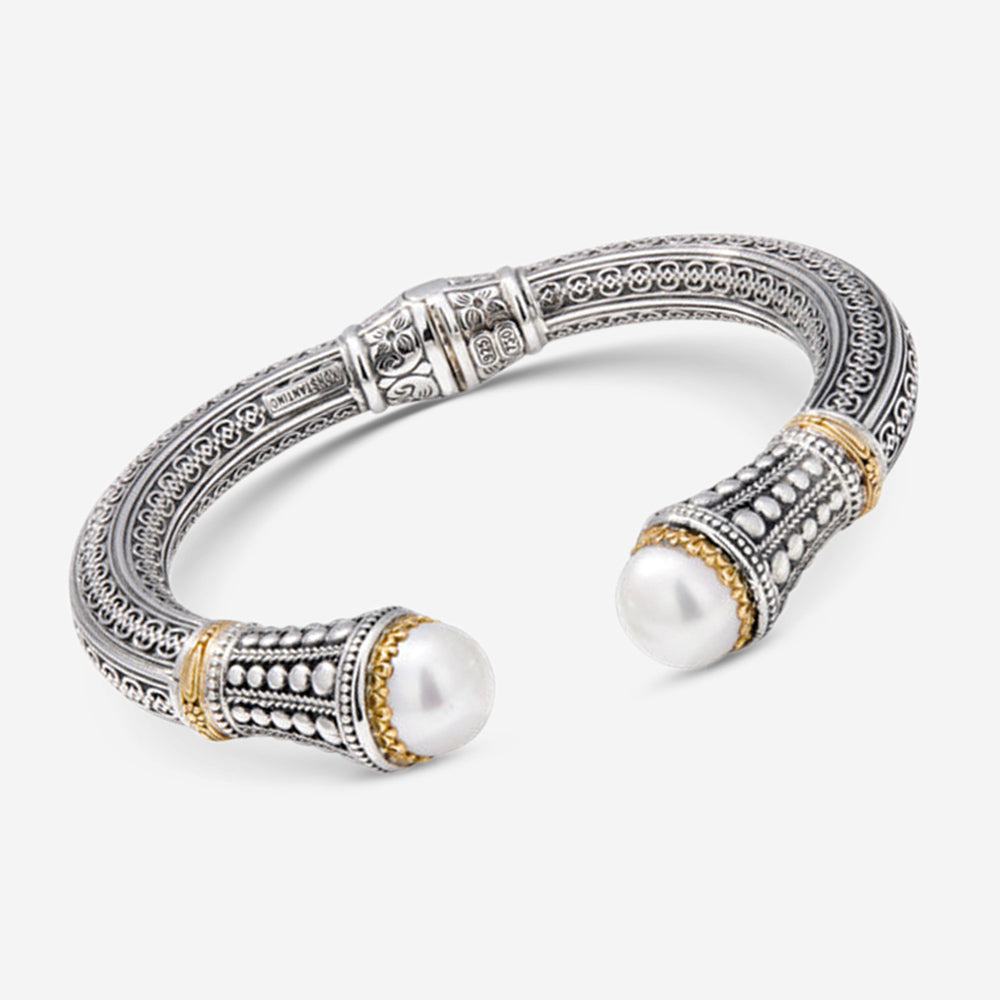 "KONSTANTINO – “Pearl Clas” Sterling Silver & 18K Yellow Gold, Cultured Pearl Bracelet (PRL: 10.5 mm x 2 pearls) – BMK4202-122  Bracelet Length: 7.0 in."