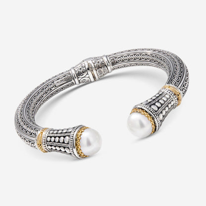 "KONSTANTINO – “Pearl Clas” Sterling Silver & 18K Yellow Gold, Cultured Pearl Bracelet (PRL: 10.5 mm x 2 pearls) – BMK4202-122  Bracelet Length: 7.0 in."