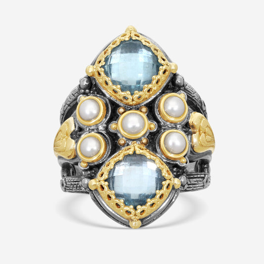 "KONSTANTINO – “Amphitrite” Sterling Silver & 18K Yellow Gold, Cultured Pearl & Swiss Blue Topaz Ring (PRL: 3 mm x 2 pearls / SBT: 5 mm x 2 stones) – DKJ624-347  Width: 0.25 in."