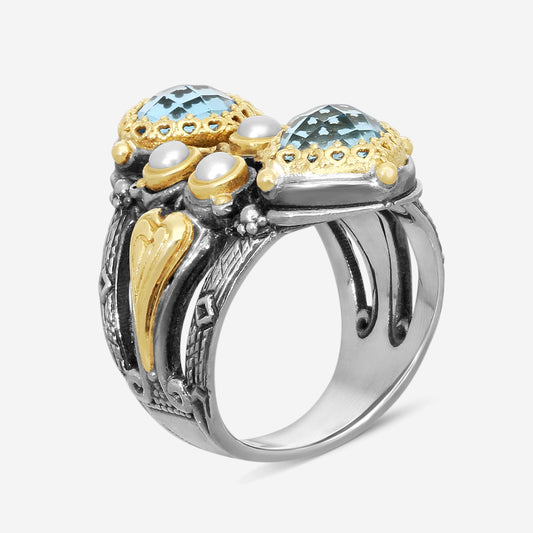 "KONSTANTINO – “Amphitrite” Sterling Silver & 18K Yellow Gold, Cultured Pearl & Swiss Blue Topaz Ring (PRL: 3 mm x 2 pearls / SBT: 5 mm x 2 stones) – DKJ624-347  Width: 0.25 in."