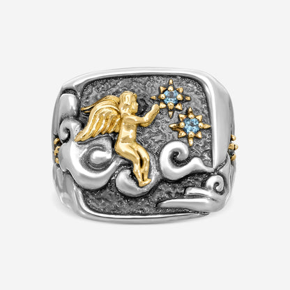 "KONSTANTINO – “Angelic” Sterling Silver & 18K Yellow Gold, London Blue Topaz Ring (LBT: 0.045 ct.) – DKJ924-298 S7  Center (LBT): 0.045 ct. Ring Size: 7.0 Width: 0.25 in."