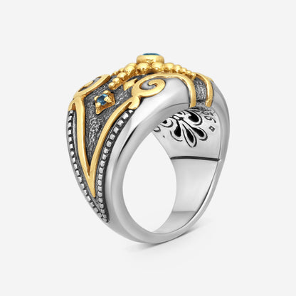 KONSTANTINO – “Angelic” Sterling Silver & 18K Yellow Gold, London Blue Topaz Ring (LBT: 0.0325 ct.) – DKJ928-298 S7

Center (LBT): 0.0325 ct.
Ring Size: 7.0
Width: 0.25 in.