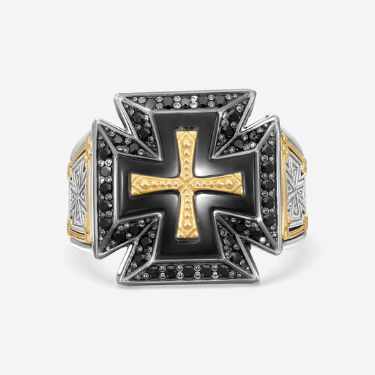 "KONSTANTINO – “Ares” Sterling Silver & 18K Yellow Gold, Black Diamond Ring (DIA: 0.460 ct. twd. VVS) – DMK1961-248 S11  Ring Size: 11.0 Width: 0.31 in."