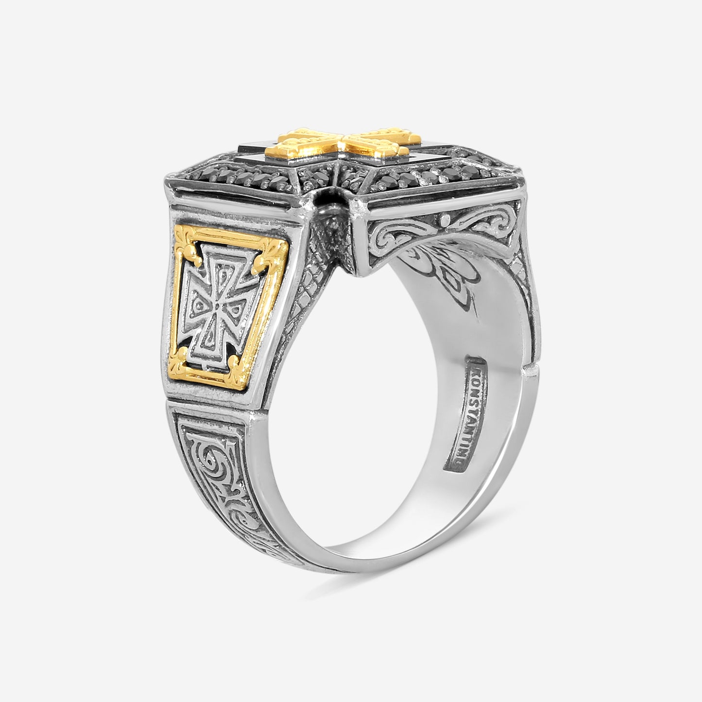 "KONSTANTINO – “Ares” Sterling Silver & 18K Yellow Gold, Black Diamond Ring (DIA: 0.460 ct. twd. VVS) – DMK1961-248 S11  Ring Size: 11.0 Width: 0.31 in."