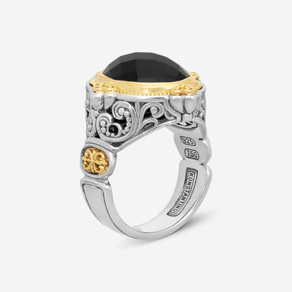 KONSTANTINO – “Nykta” Sterling Silver & 18K Yellow Gold, Onyx Ring (ONX: 14 x 10.5 mm) – DMK1973-120-CUT

Center (ONX): 14 x 10.5 mm
Ring Size: 7.0
Width: 0.25 in.