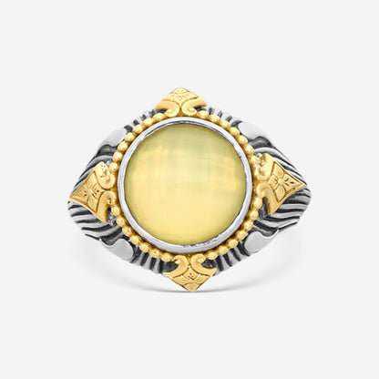 "KONSTANTINO – “Gen K 2” Sterling Silver & 18K Yellow Gold, Yellow Agate Triplet Ring (YAT: 9.5 mm) – DMK2151-649 S7  Center (YAT): 9.5 mm Ring Size: 7.0 Width: 0.12 in."
