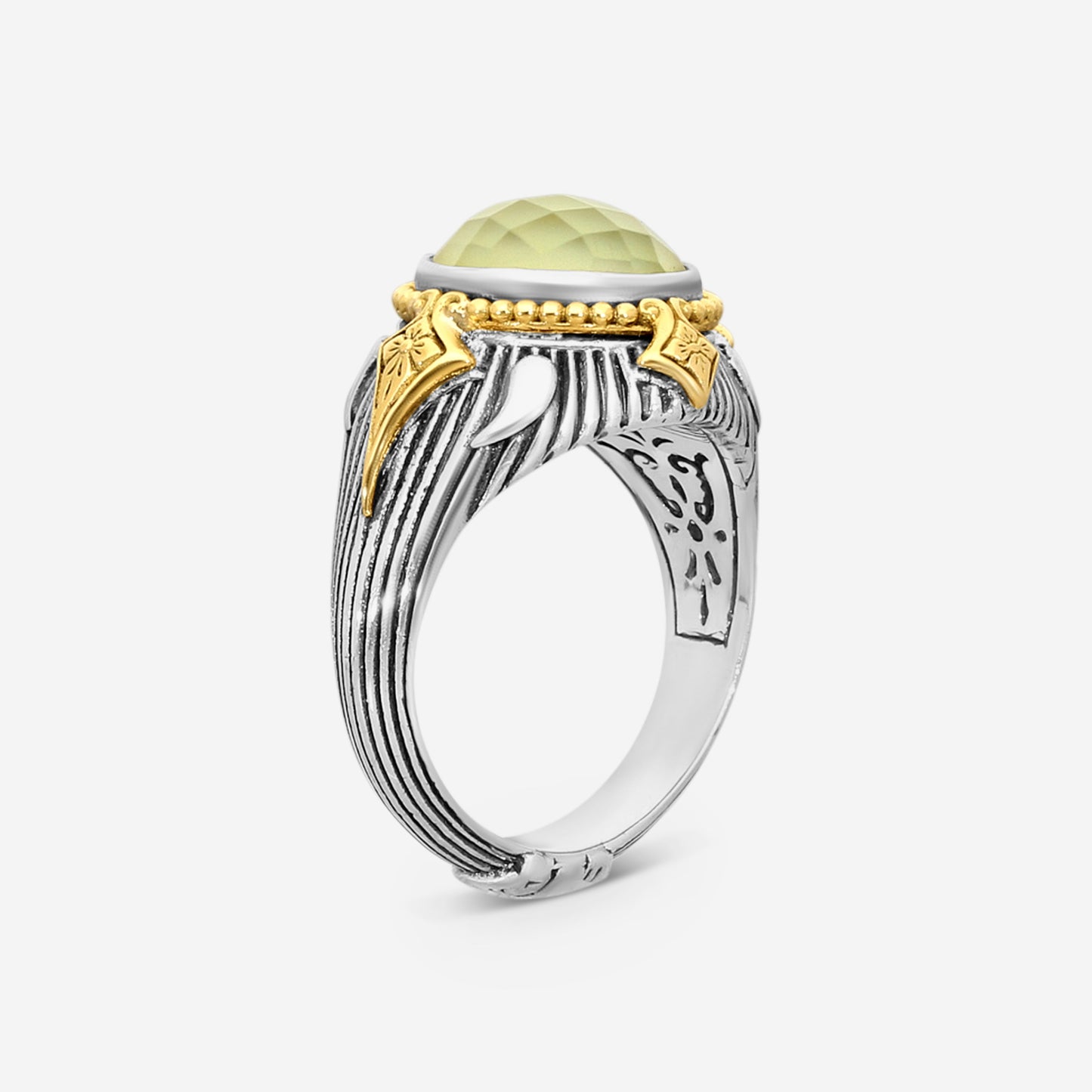 "KONSTANTINO – “Gen K 2” Sterling Silver & 18K Yellow Gold, Yellow Agate Triplet Ring (YAT: 9.5 mm) – DMK2151-649 S7  Center (YAT): 9.5 mm Ring Size: 7.0 Width: 0.12 in."