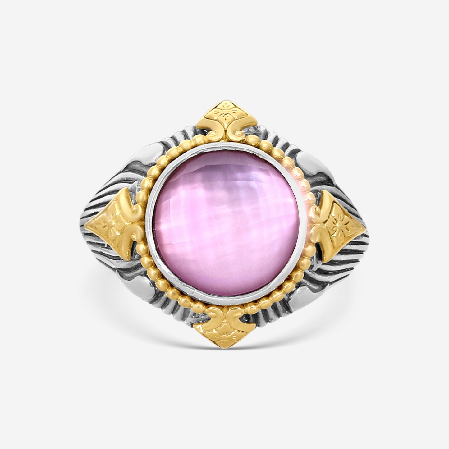 "KONSTANTINO – “Gen K 2” Sterling Silver & 18K Yellow Gold, Pink Corundum Doublet Ring (PCD: 9.5 mm) – DMK2151-652 S7  Center (PCD): 9.5 mm Ring Size: 7.0 Width: 0.12 in."