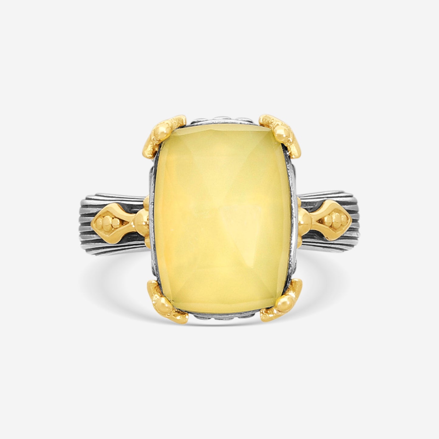 "KONSTANTINO – “Gen K 2” Sterling Silver & 18K Yellow Gold, Yellow Agate Triplet Ring (YAT: 13.9 x 10.3 mm) – DMK2153-649 S7  Center (YAT): 13.9 x 10.3 mm Ring Size: 7.0 Width: 0.12 in."