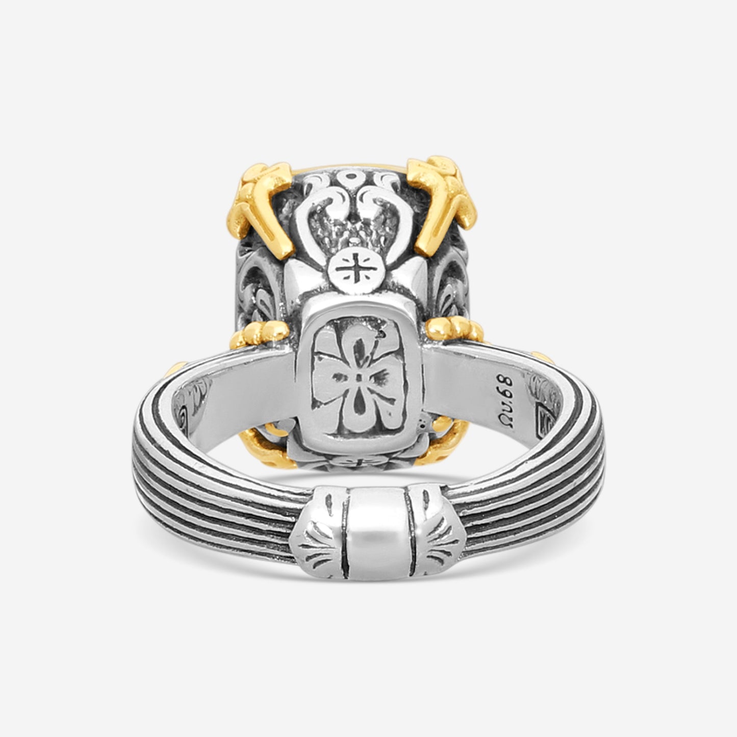 "KONSTANTINO – “Gen K 2” Sterling Silver & 18K Yellow Gold, Yellow Agate Triplet Ring (YAT: 13.9 x 10.3 mm) – DMK2153-649 S7  Center (YAT): 13.9 x 10.3 mm Ring Size: 7.0 Width: 0.12 in."