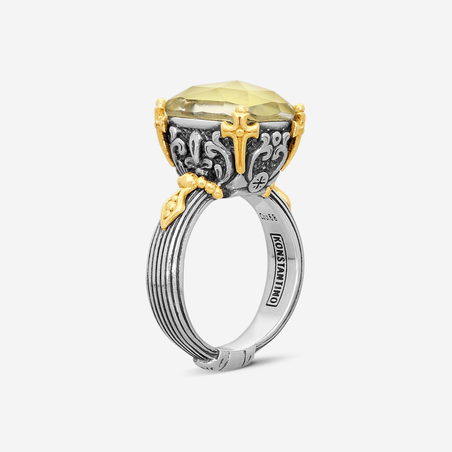 "KONSTANTINO – “Gen K 2” Sterling Silver & 18K Yellow Gold, Yellow Agate Triplet Ring (YAT: 13.9 x 10.3 mm) – DMK2153-649 S7  Center (YAT): 13.9 x 10.3 mm Ring Size: 7.0 Width: 0.12 in."