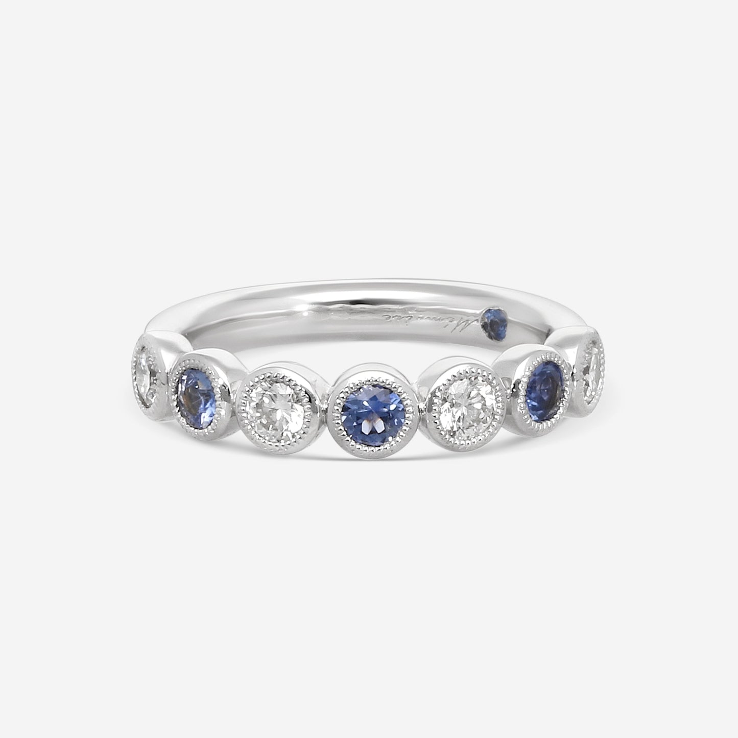 Memoire Toujours 18K White Gold Diamond & Blue Sapphire 7-Stone Band Ring Sz. 6.5 EMTU125