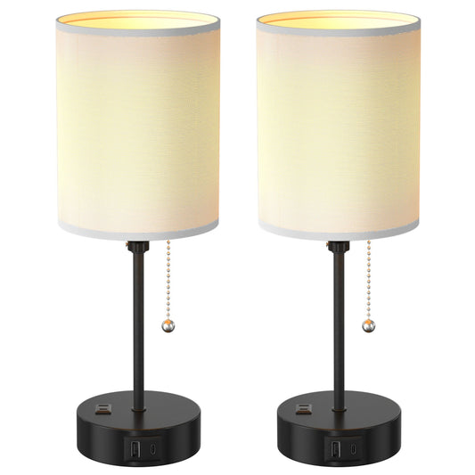 2Pcs Bedroom Lamps, 3 Color Modes, USB C+A Output, Pull Chain, E26 Bulb Light
