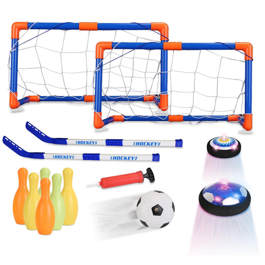 4 in 1 Hover Soccer Ball Toy Set Bowling Balls Goals Floating Soccer Ball Hockey With Colorful LED Lights Indoor Outdoor Sport Toys For 3-12 Years Old