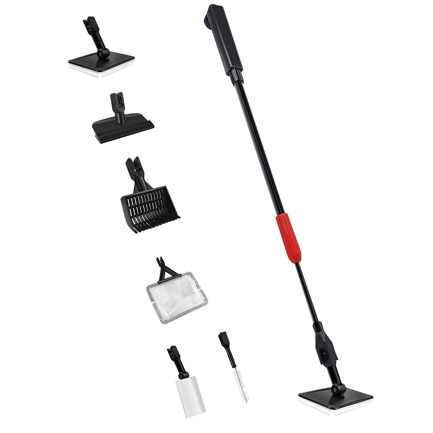 6 In 1 Aquarium Cleaning Tools Fish Tank Cleaner Set with 24.4-37in Handle Gravel Rake Fish Net Algae Scraper Algae Brush Right Angle Sponge Flat Spon