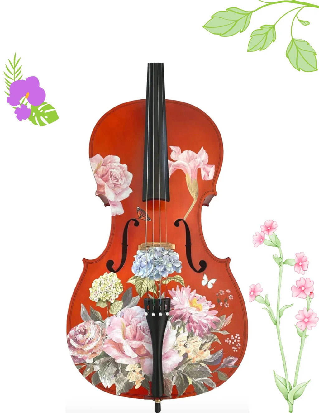 Floral Garden Cello Outfit | Rose & Hydrangea Cello with Crystal Fine Tuners, Brazilwood Bow & Case