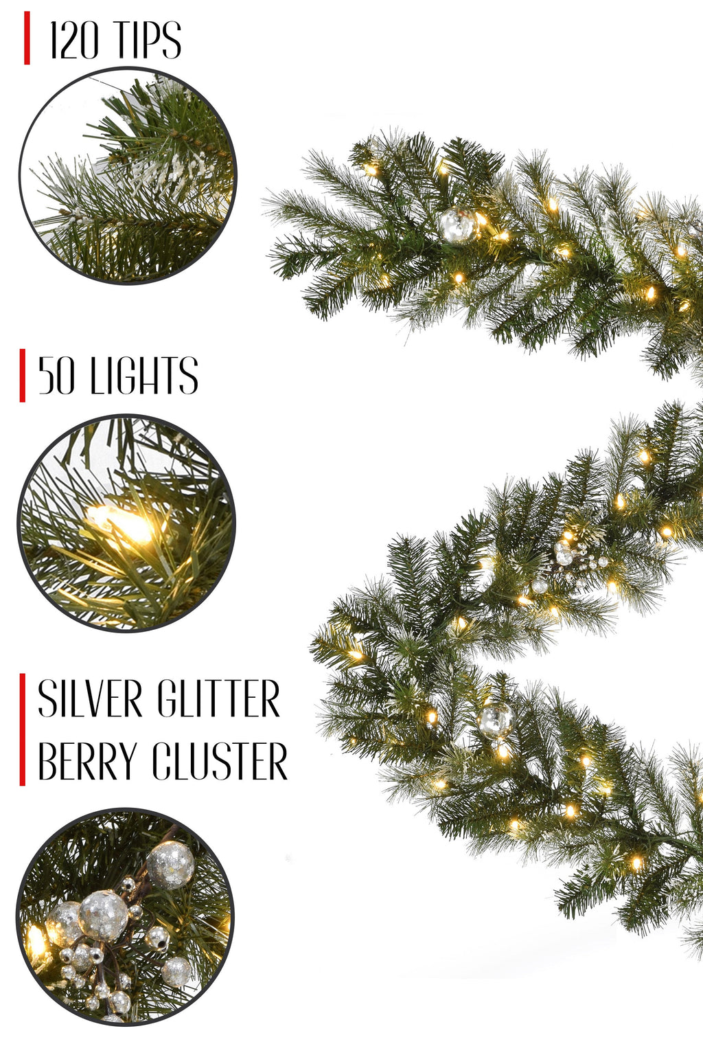 6' Pre-lit Snow Dusted Nulato Pine Garland with Silver Ornaments & Glitter Berry Clusters