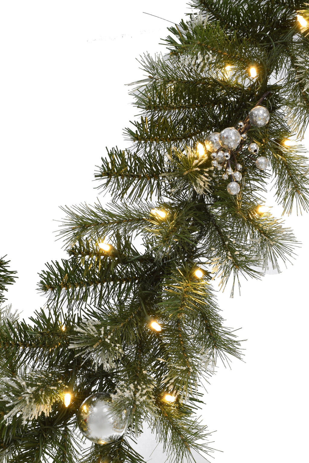 6' Pre-lit Snow Dusted Nulato Pine Garland with Silver Ornaments & Glitter Berry Clusters