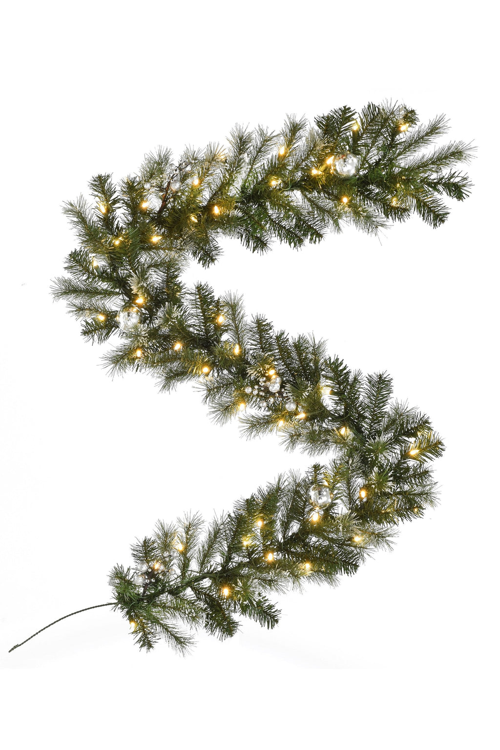 6' Pre-lit Snow Dusted Nulato Pine Garland with Silver Ornaments & Glitter Berry Clusters