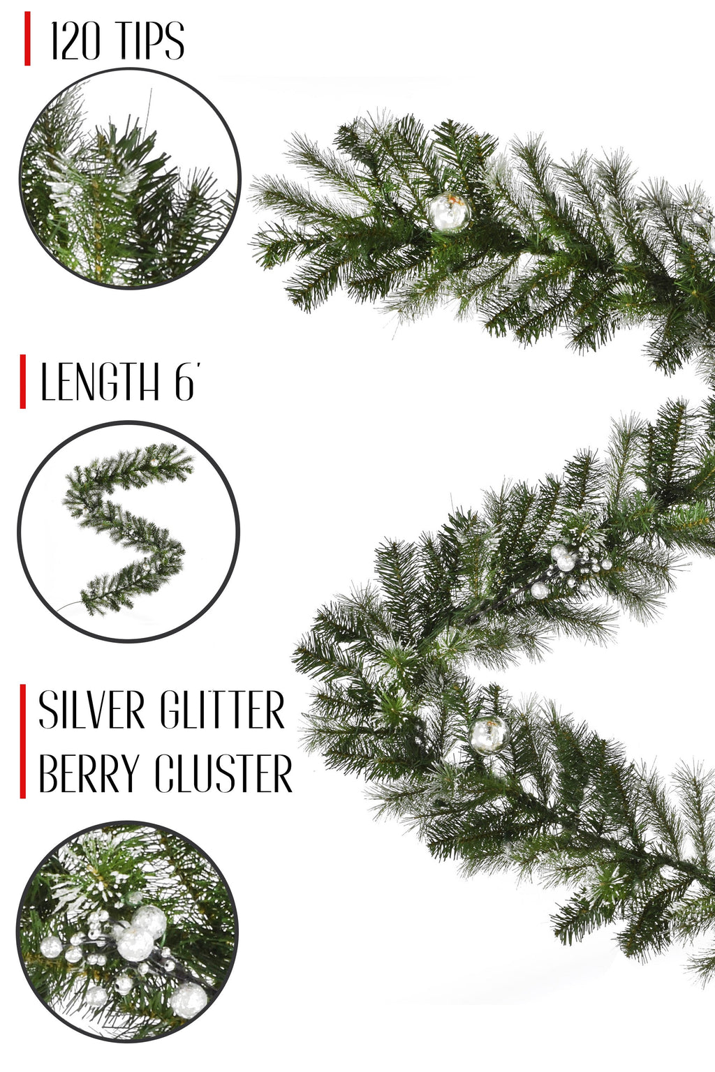 6' Snow Dusted Nulato Pine Garland with Silver Ornaments & Glitter Berry Clusters