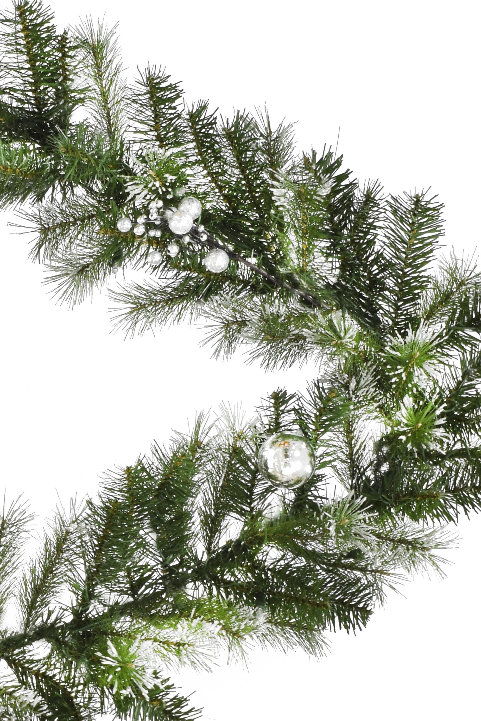 6' Snow Dusted Nulato Pine Garland with Silver Ornaments & Glitter Berry Clusters