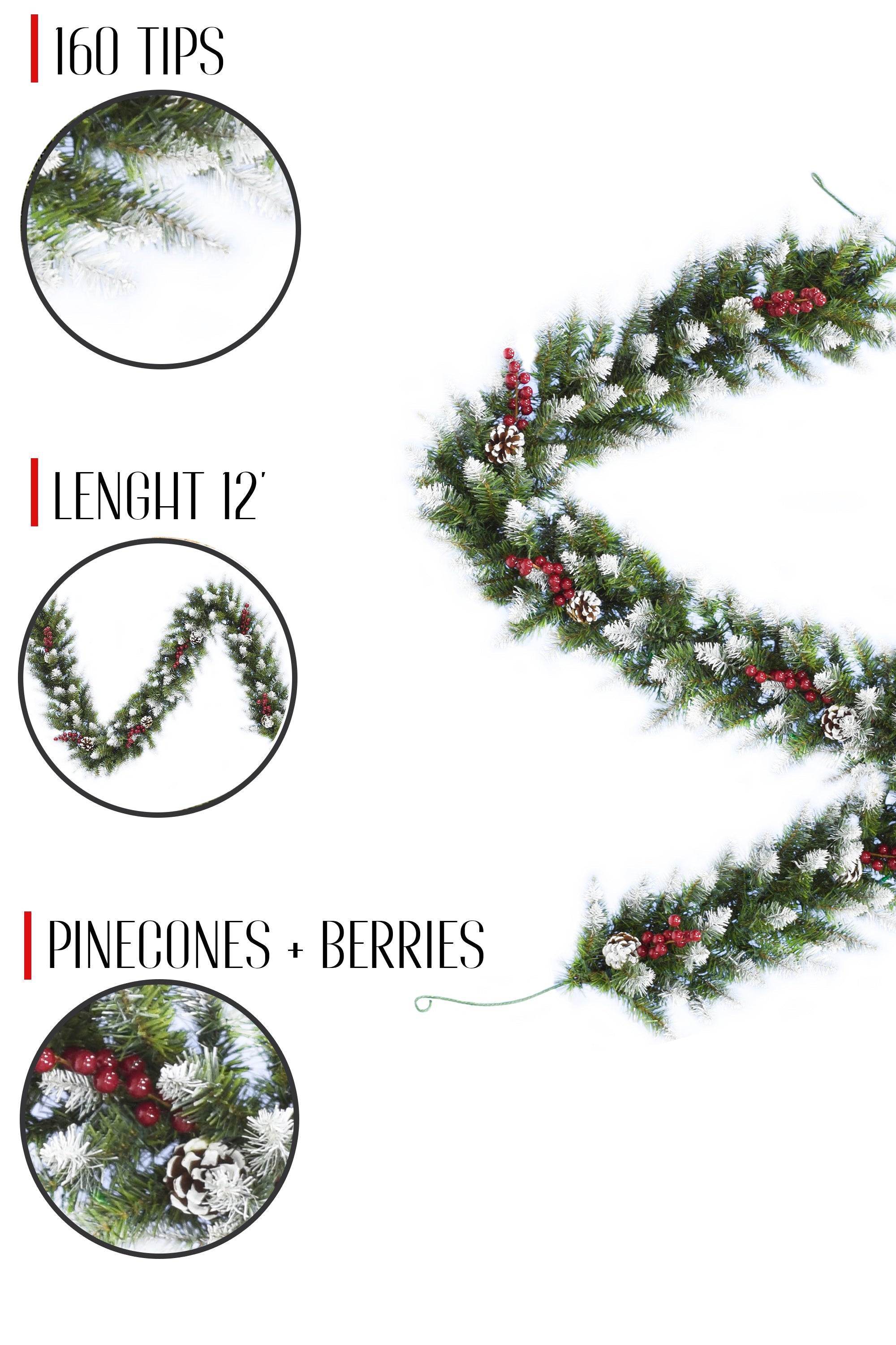 6' Snow Flocked Camdon Fir Garland with Pine Cones & Berry Clusters