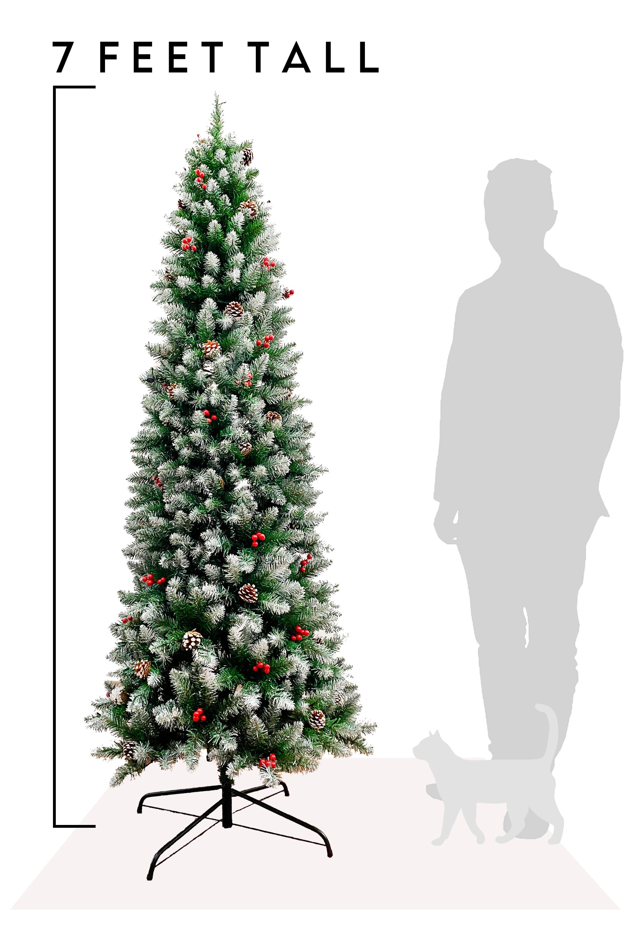 Frosted Norwood Pencil Pine with Pine Cones & Red Berries and Metal Stand