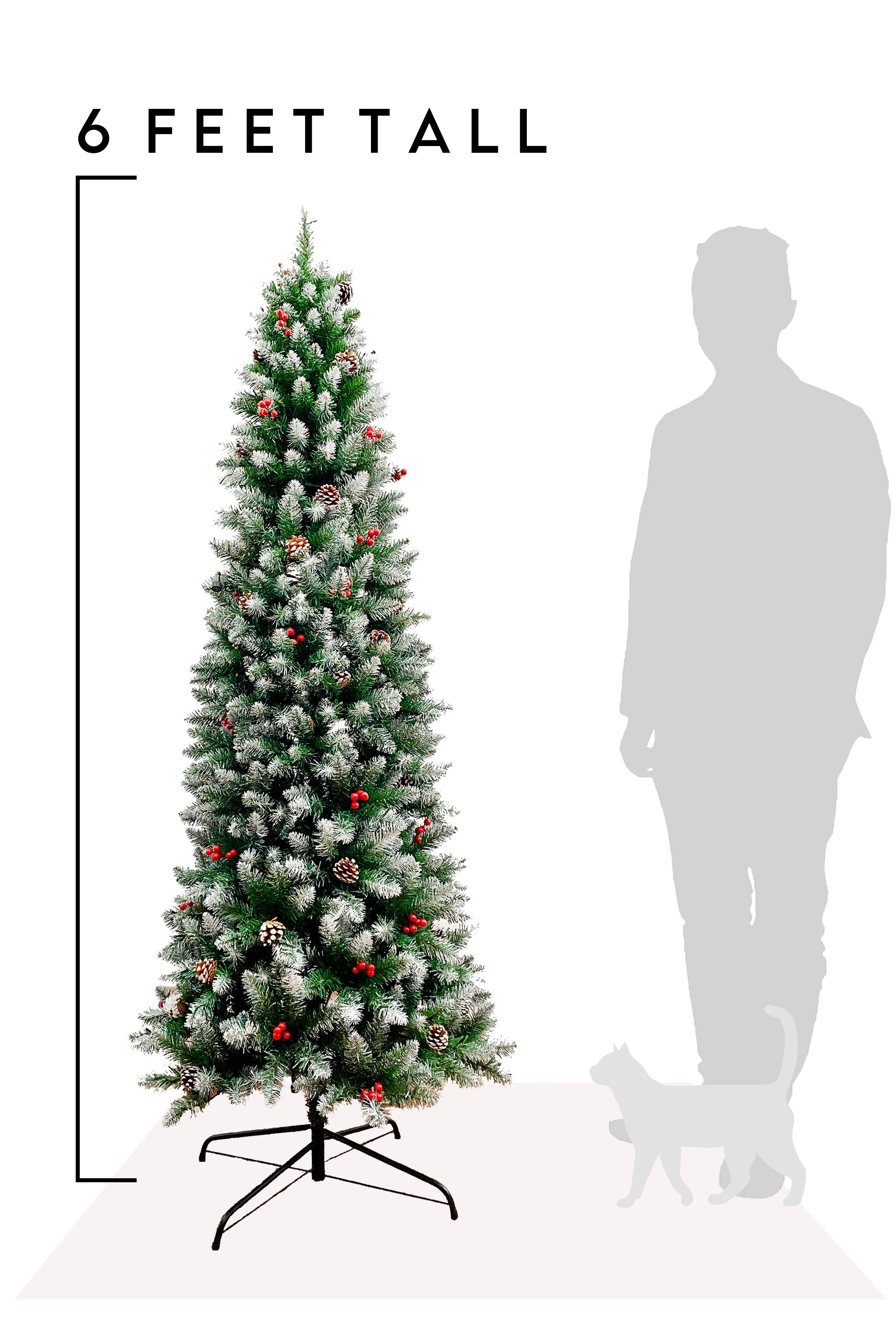 Frosted Norwood Pencil Pine with Pine Cones & Red Berries and Metal Stand