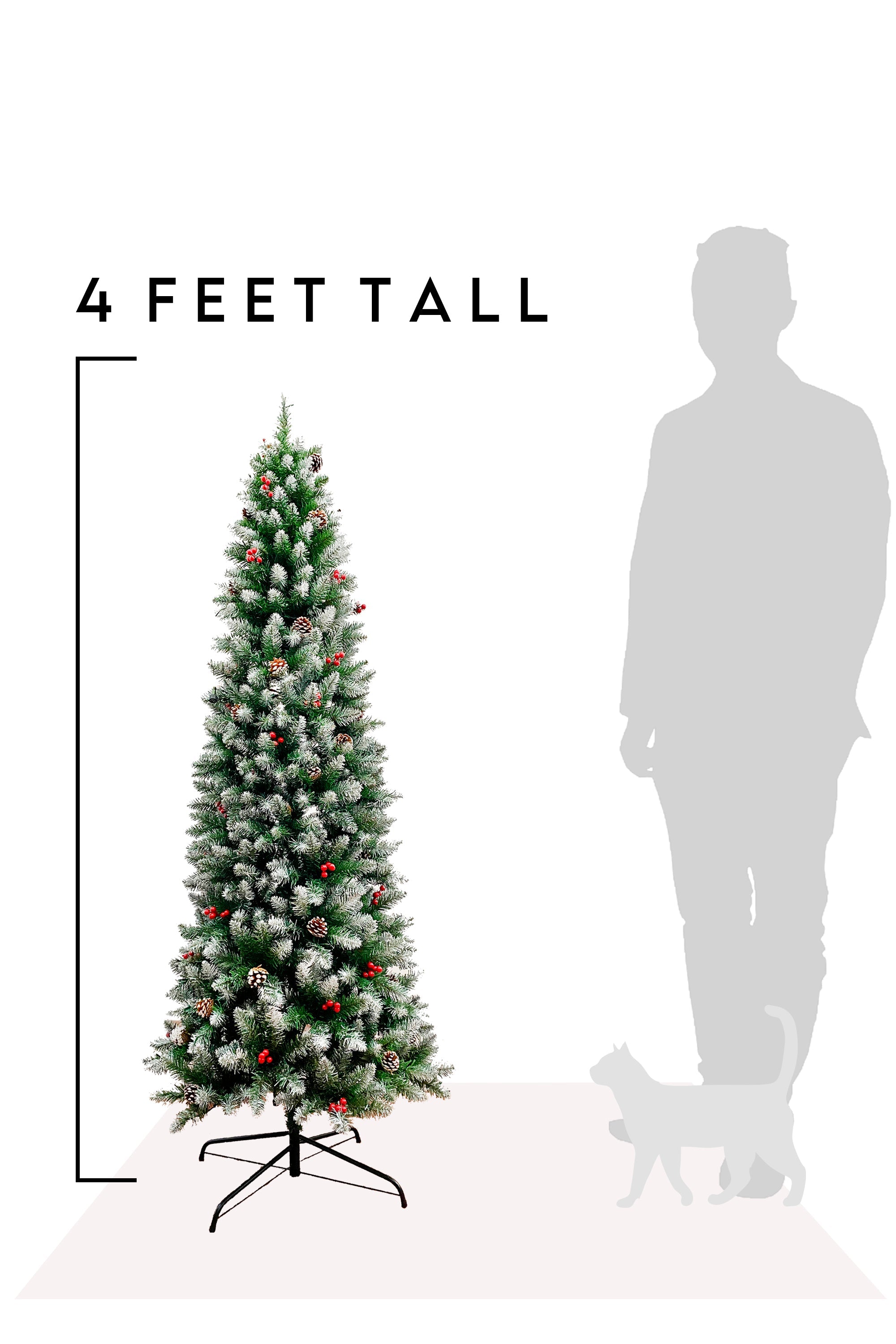 Frosted Norwood Pencil Pine with Pine Cones & Red Berries and Metal Stand