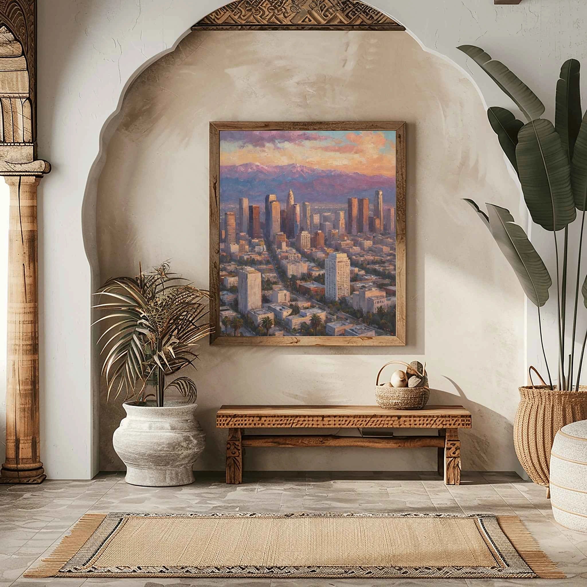 LA Golden Hour: Downtown Los Angeles Skyline & Mountain Sunset Oil Painting
