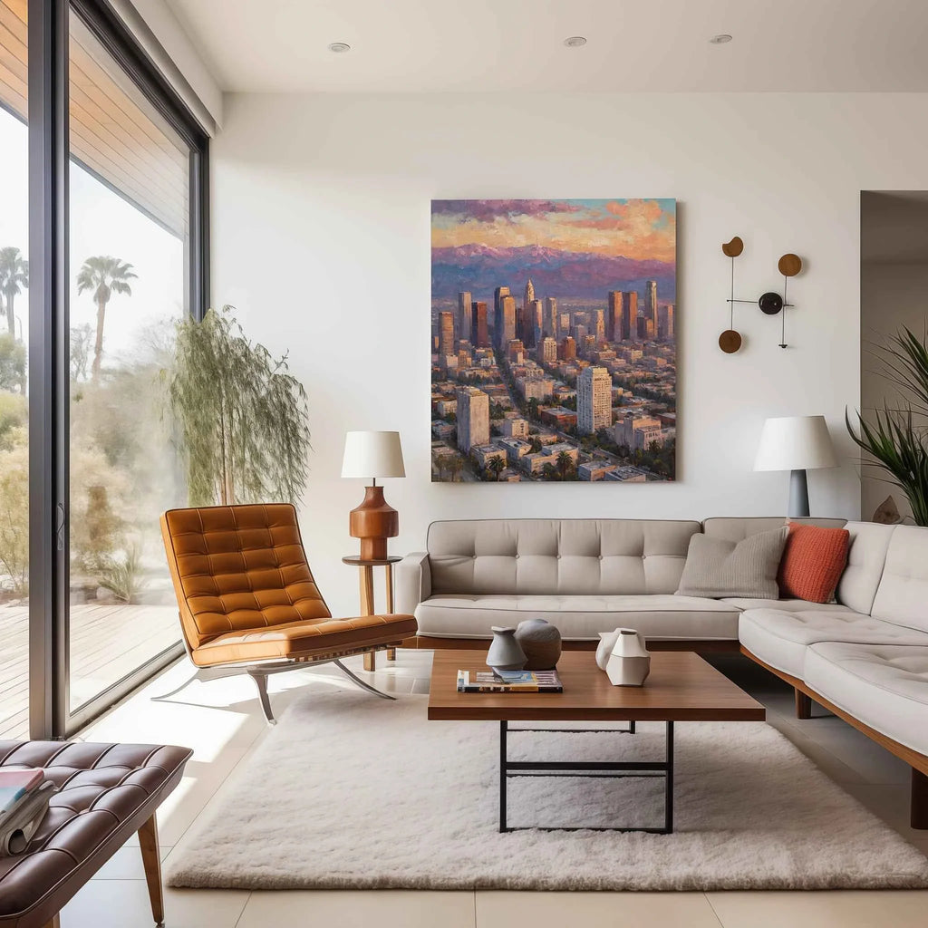 LA Golden Hour: Downtown Los Angeles Skyline & Mountain Sunset Oil Painting