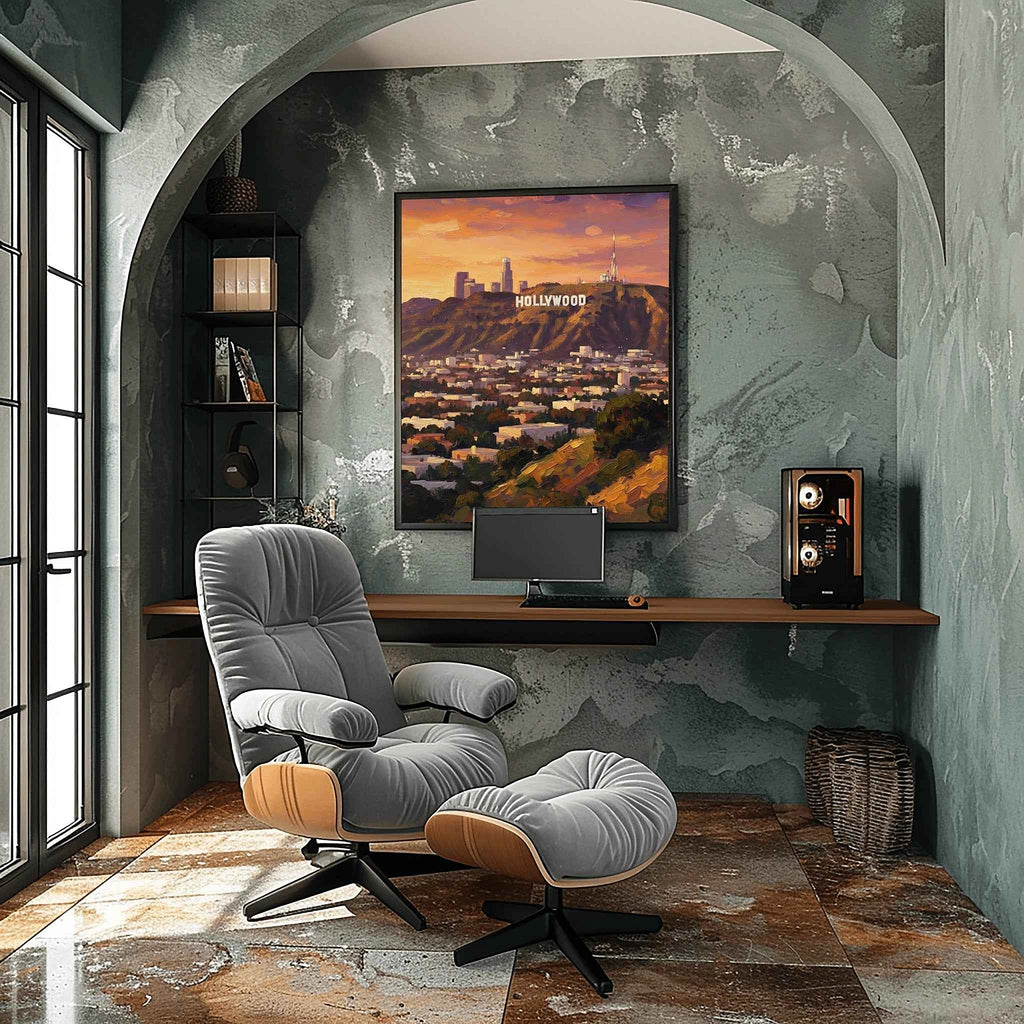 Hollywood Glow: Iconic Sign & Los Angeles Skyline Sunset Oil Painting